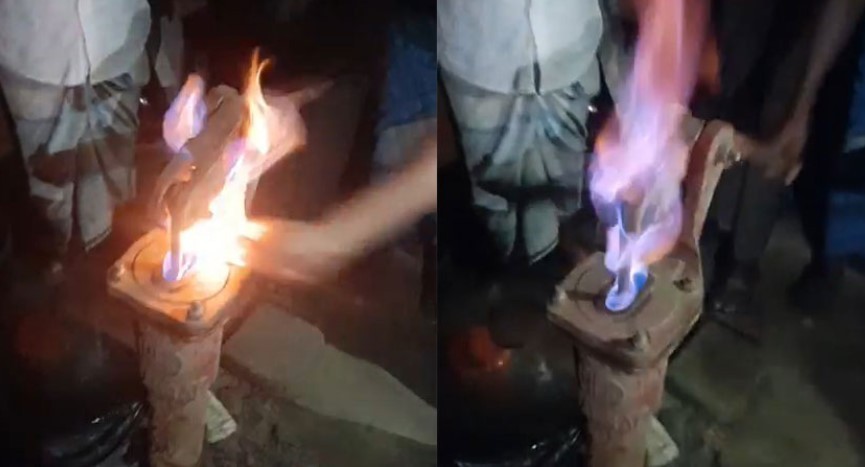 নতুন টিউবওয়েলে দিয়াশলাই ধরতেই জ্বলছে আগুন